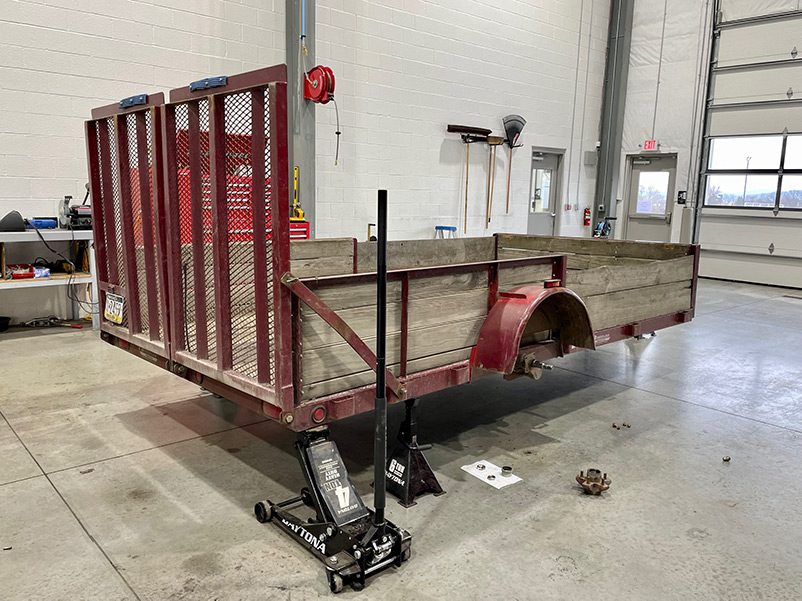Red Trailer being repaired